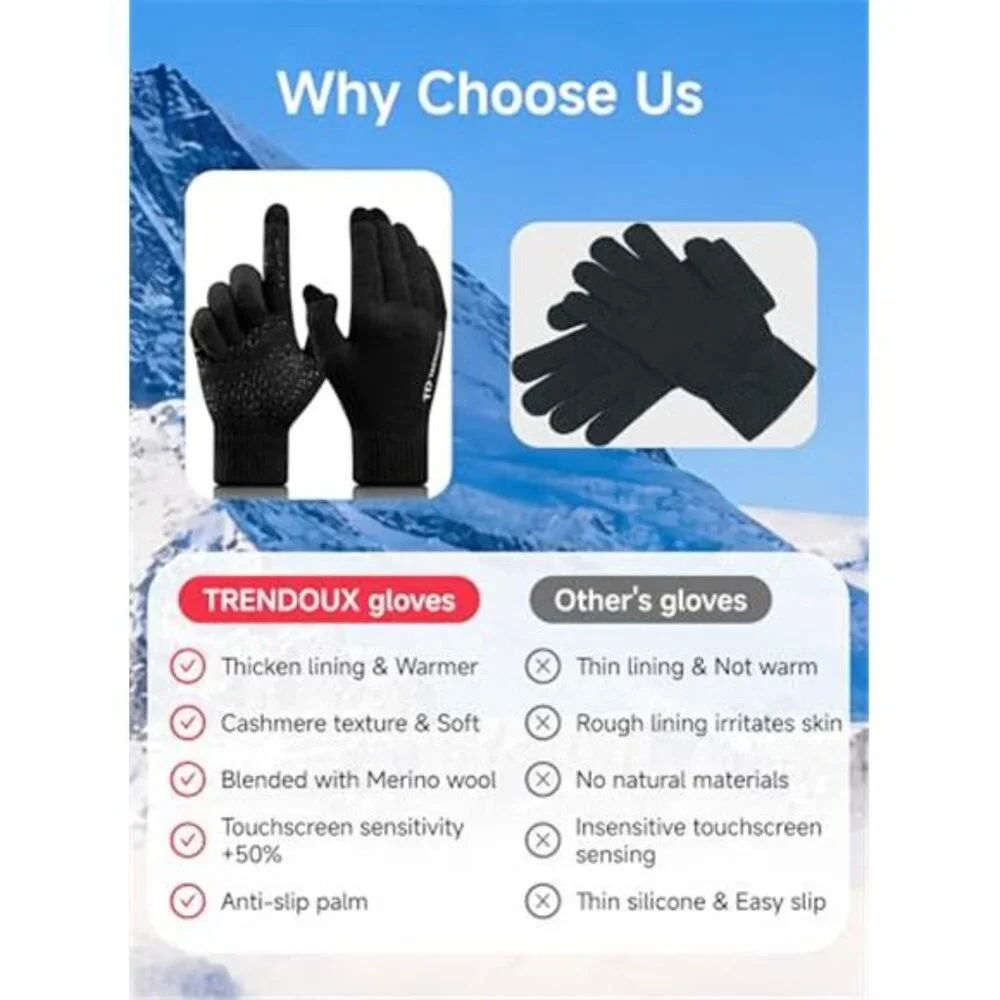 Mens Womens Winter Gloves Touchscreen Warm Knit Merino Wool Cold Weather